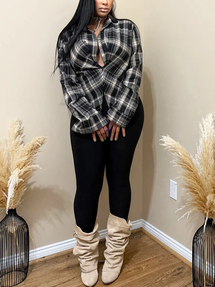 V-neck Plaid Slit Blouses
