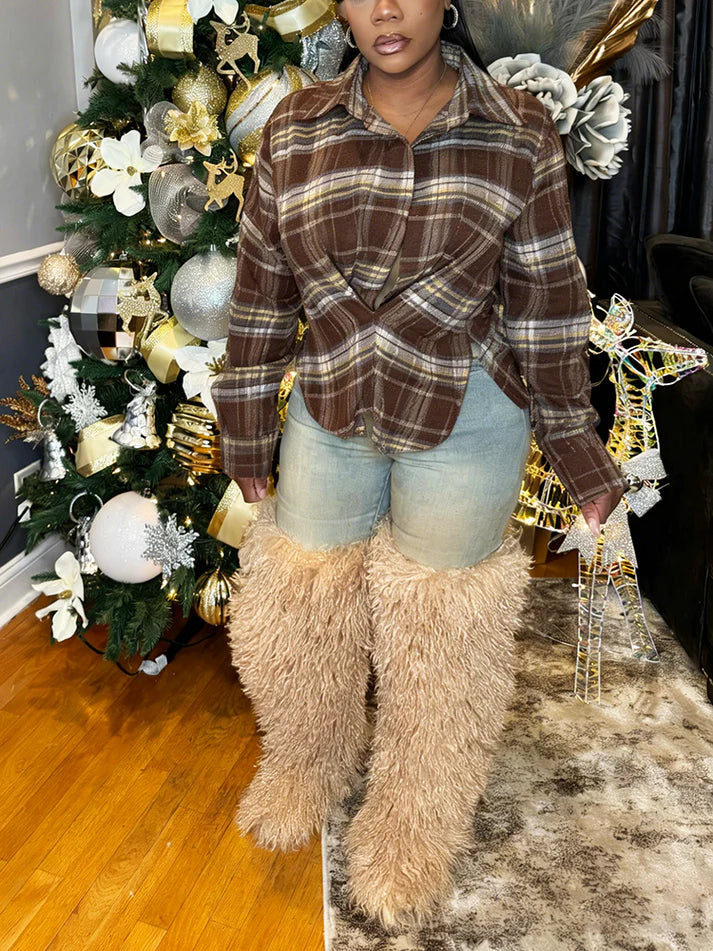 V-neck Plaid Slit Blouses