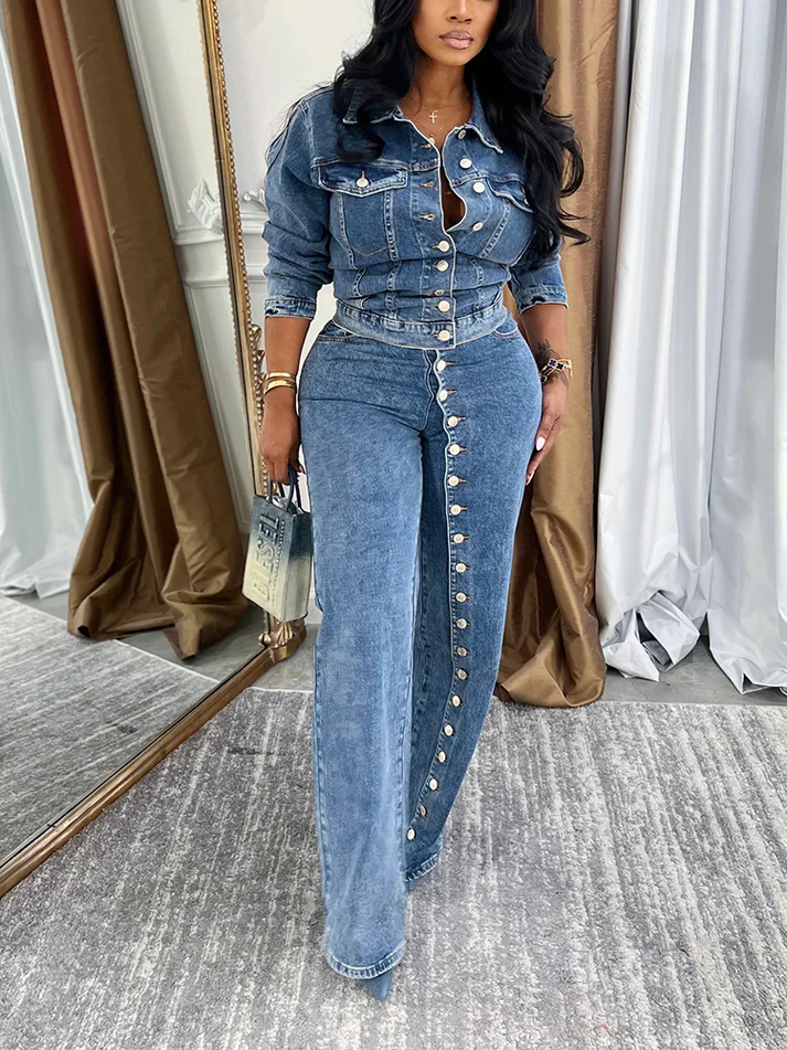 Full Button Denim Jackets and Jeans Sets