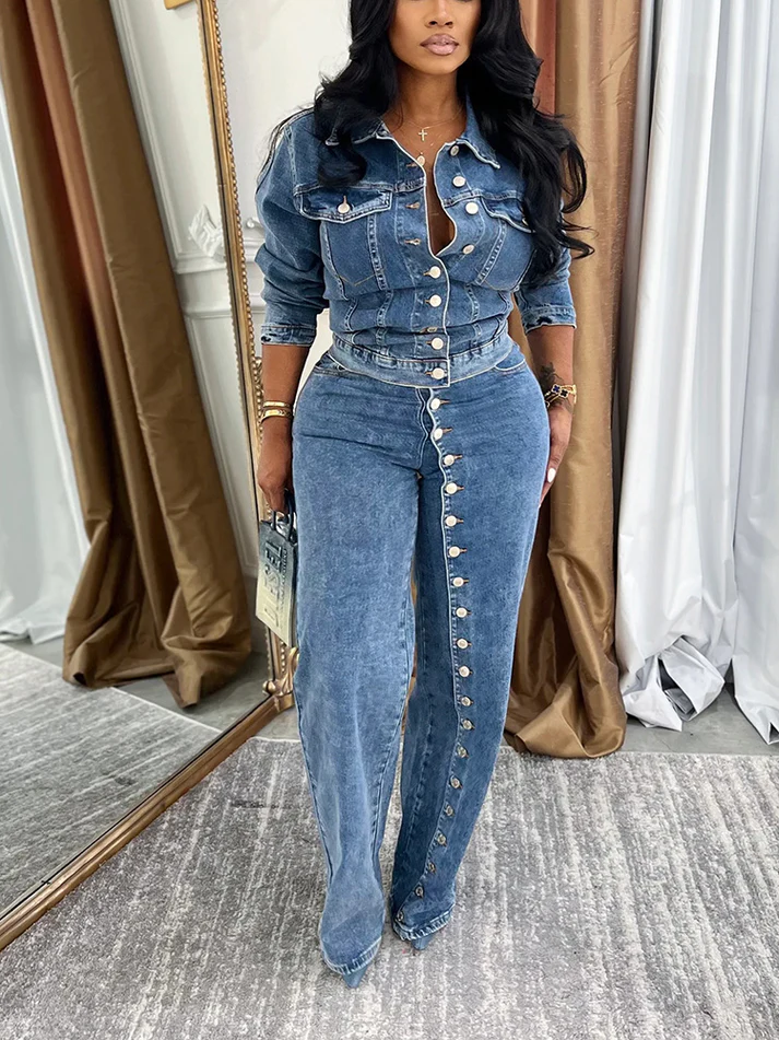 Full Button Denim Jackets and Jeans Sets