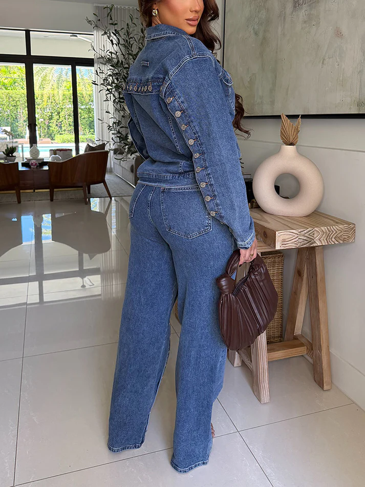 Full Button Denim Jackets and Jeans Sets
