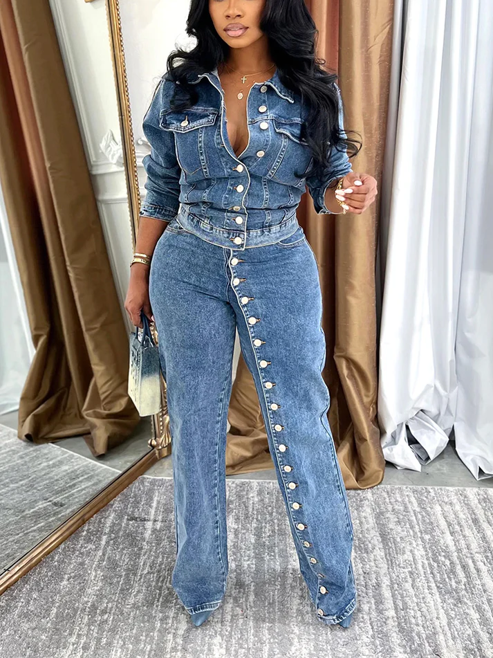 Full Button Denim Jackets and Jeans Sets