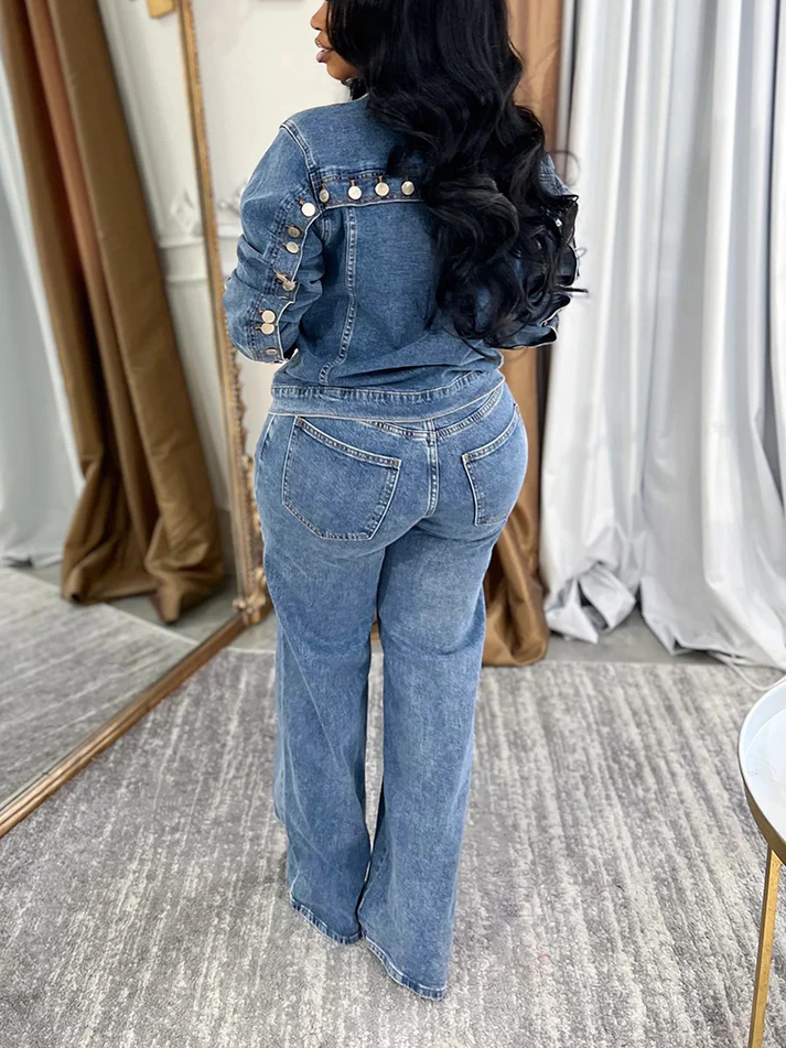 Full Button Denim Jackets and Jeans Sets