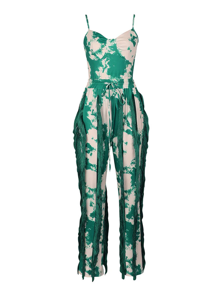 Tie Dye Bodysuit And Fringe Pants Sets