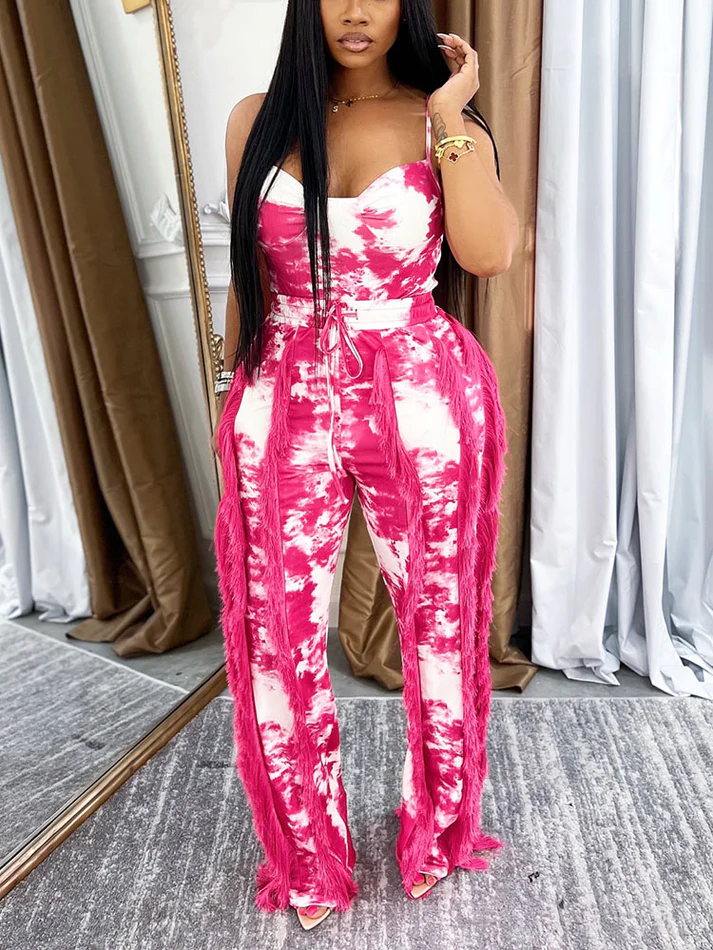 Tie Dye Bodysuit And Fringe Pants Sets