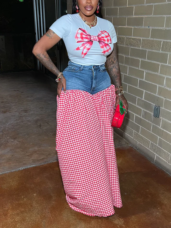 Bow Printed Tops And Denim Gingham Pants Sets