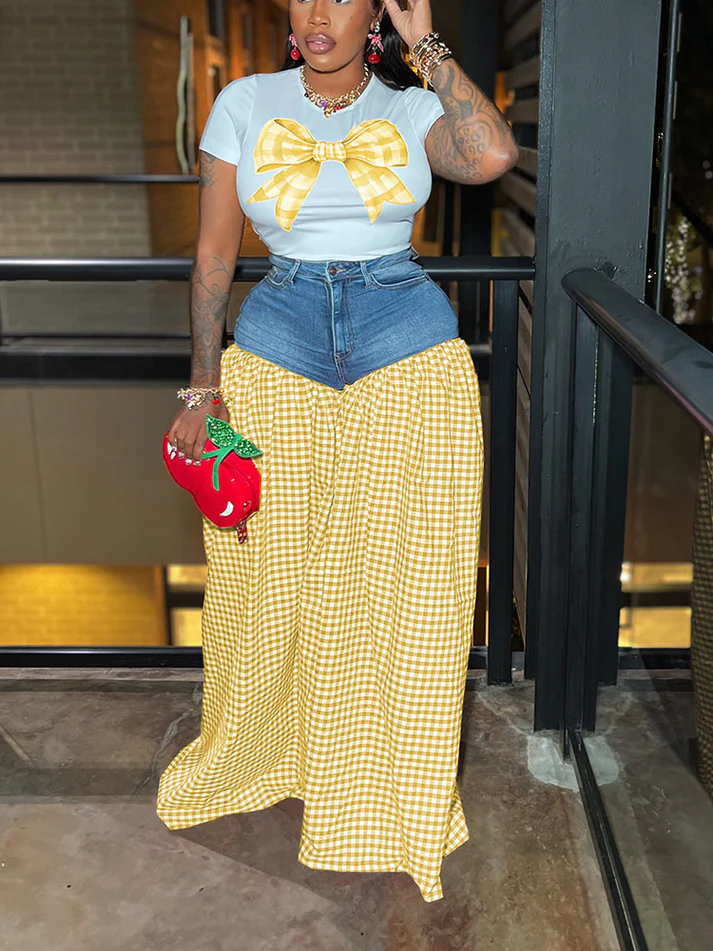 Bow Printed Tops And Denim Gingham Pants Sets