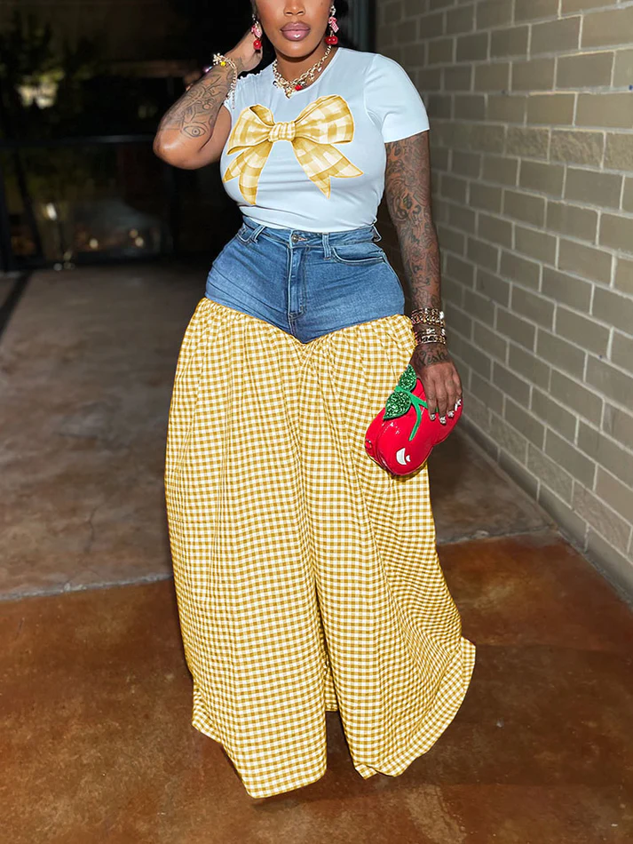 Bow Printed Tops And Denim Gingham Pants Sets