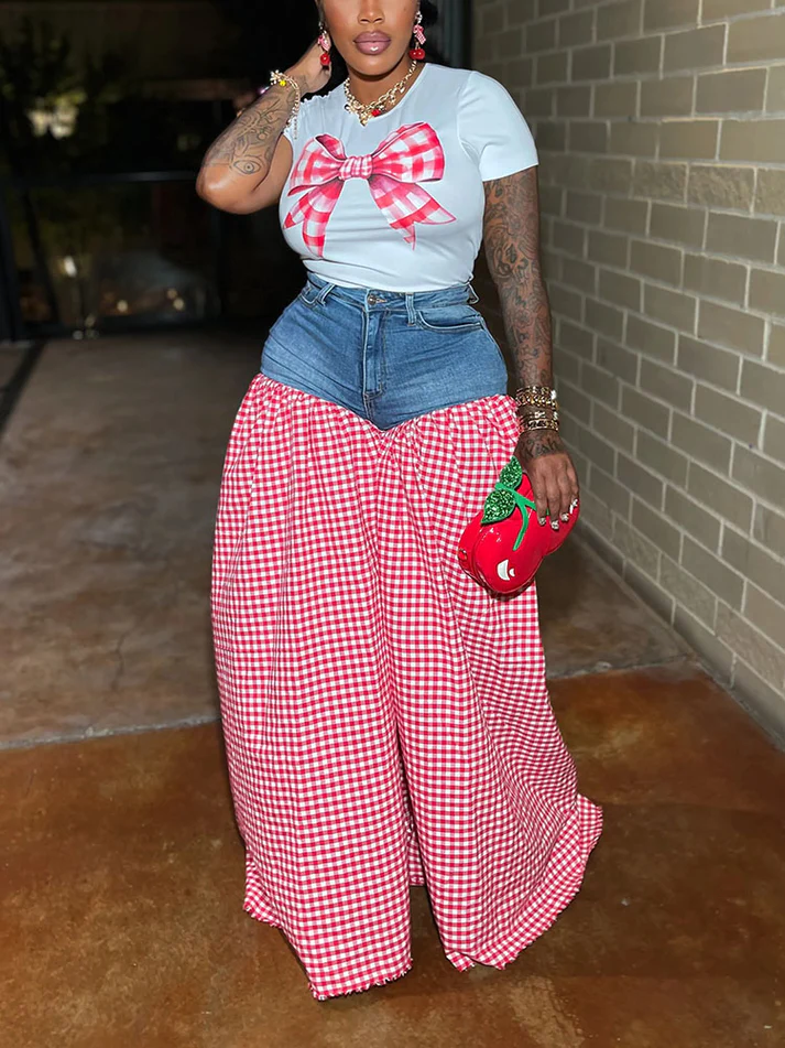 Bow Printed Tops And Denim Gingham Pants Sets
