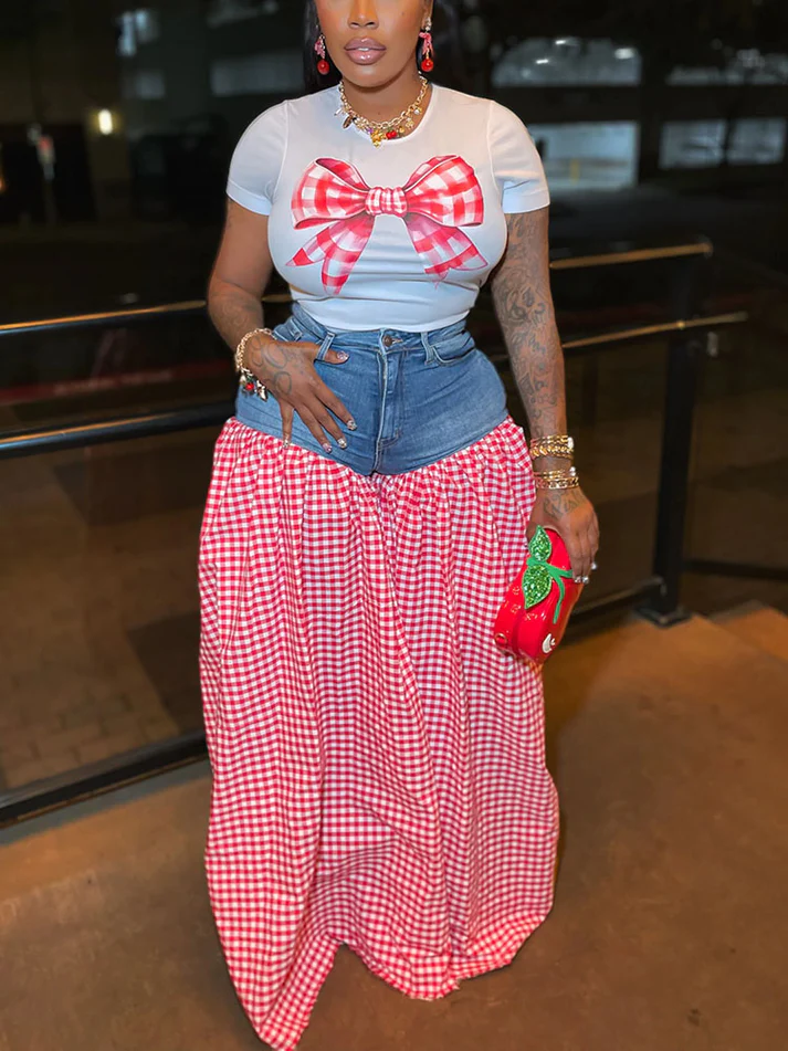 Bow Printed Tops And Denim Gingham Pants Sets