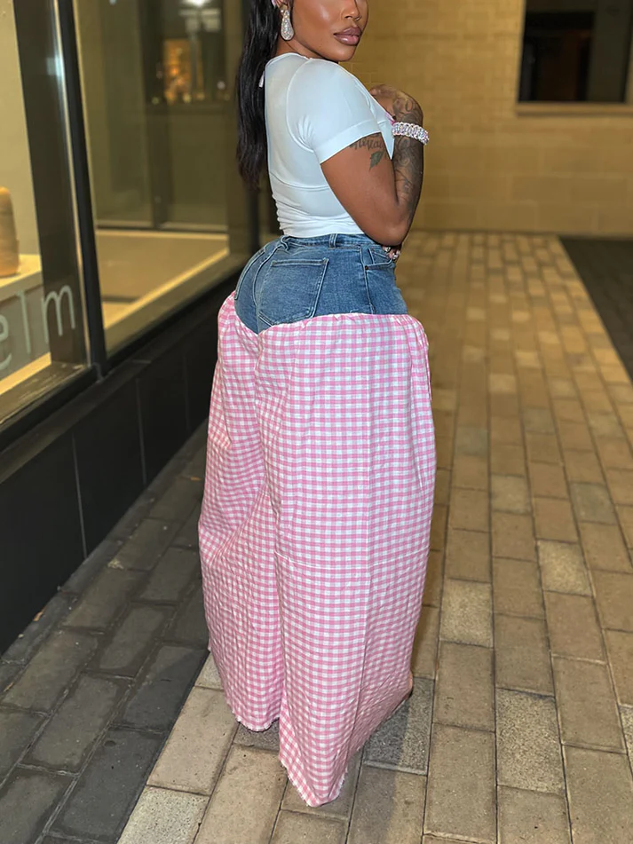 Bow Printed Tops And Denim Gingham Pants Sets