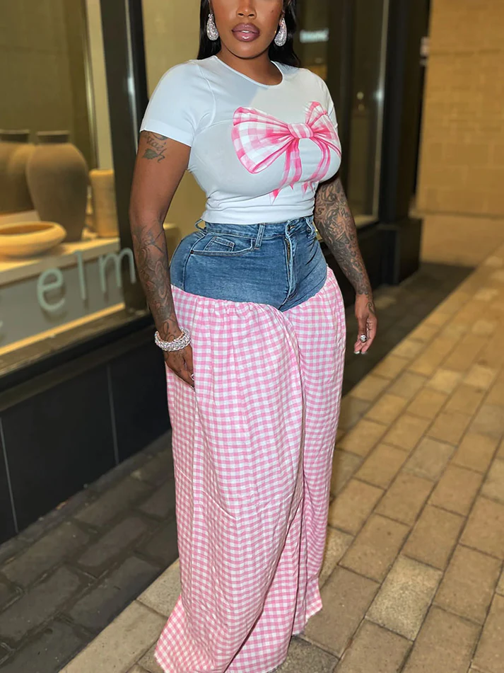 Bow Printed Tops And Denim Gingham Pants Sets