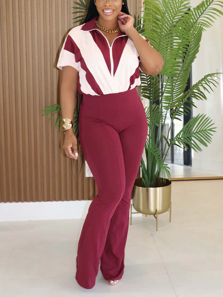Contrast Zip-Front Flared Jumpsuits