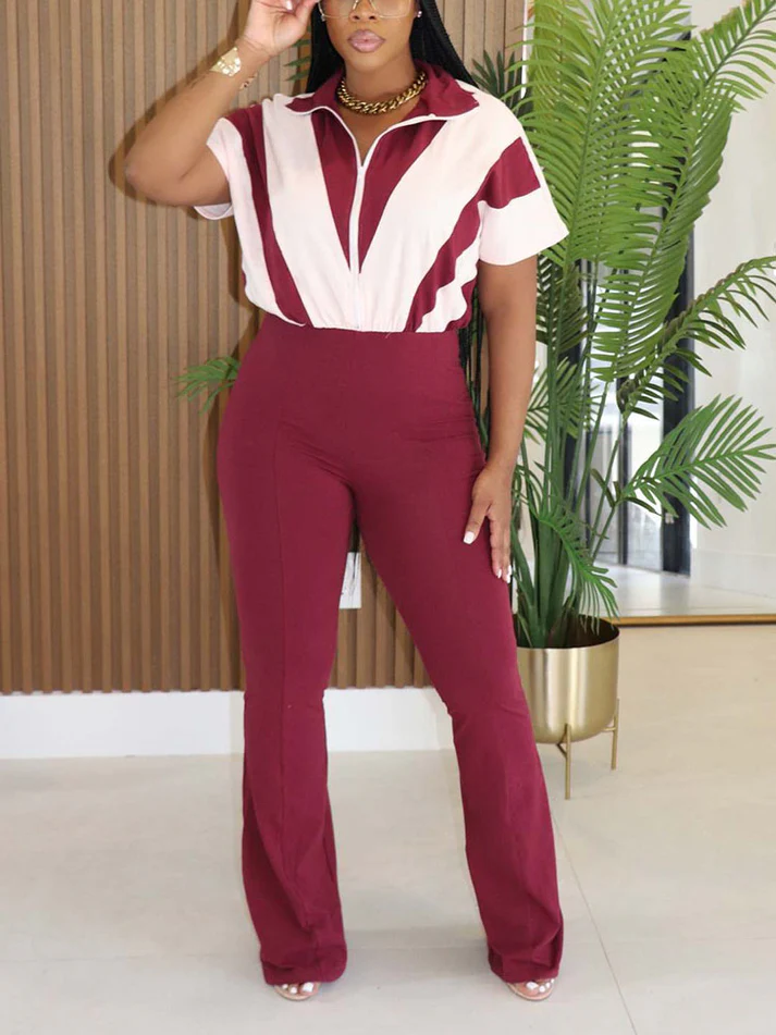 Contrast Zip-Front Flared Jumpsuits