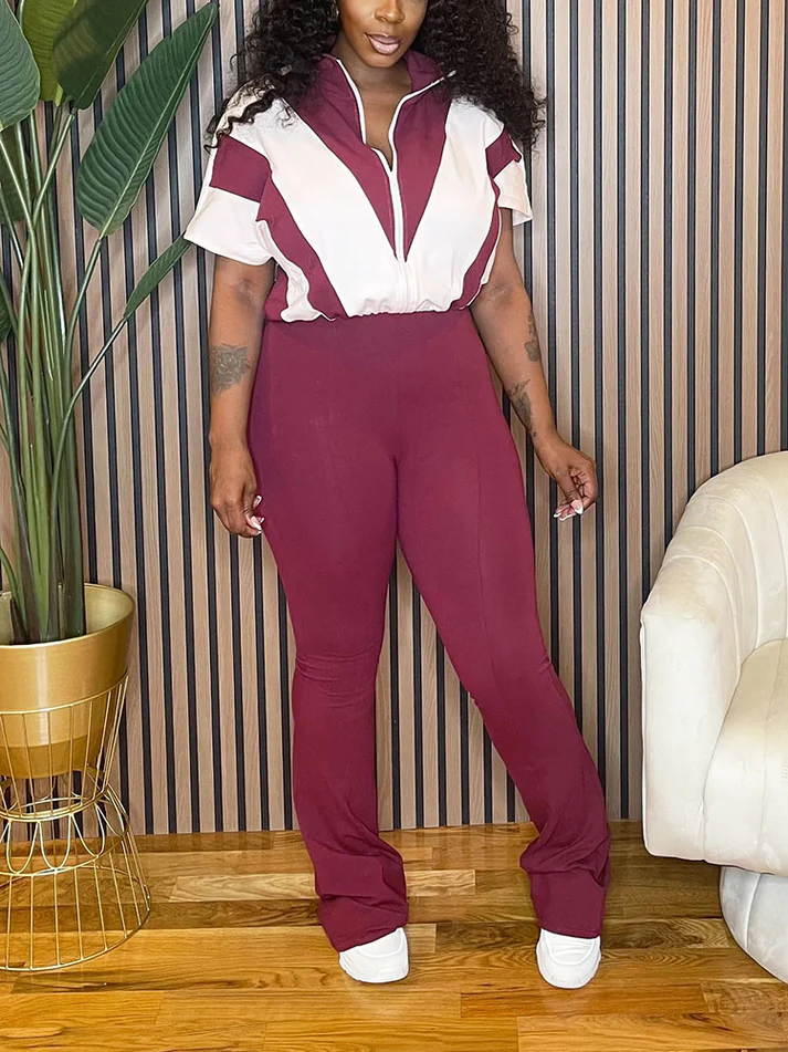 Contrast Zip-Front Flared Jumpsuits