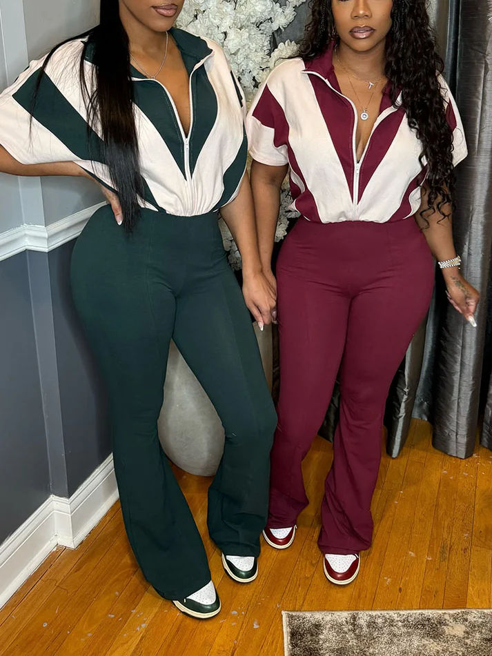 Contrast Zip-Front Flared Jumpsuits