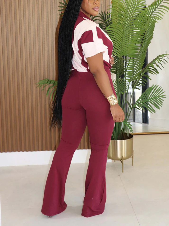 Contrast Zip-Front Flared Jumpsuits