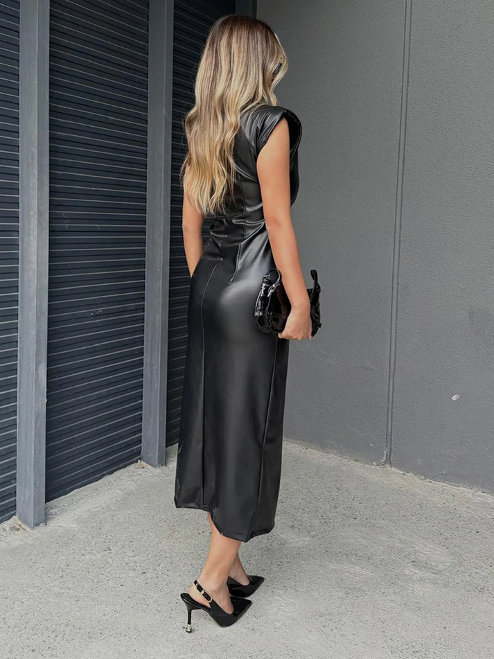 Faux Leather Metallic Decor Dresses