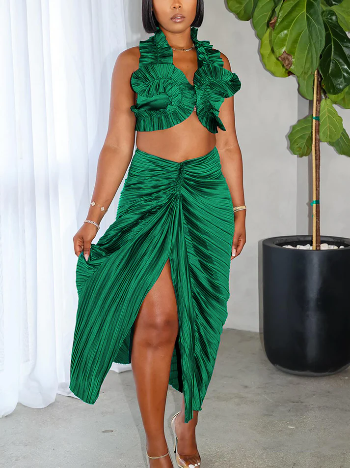 Satin Ruffle Crop Top And Skirt Sets