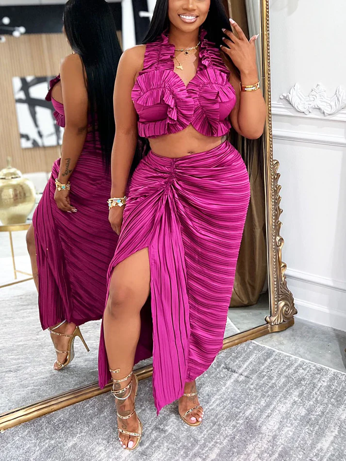 Satin Ruffle Crop Top And Skirt Sets