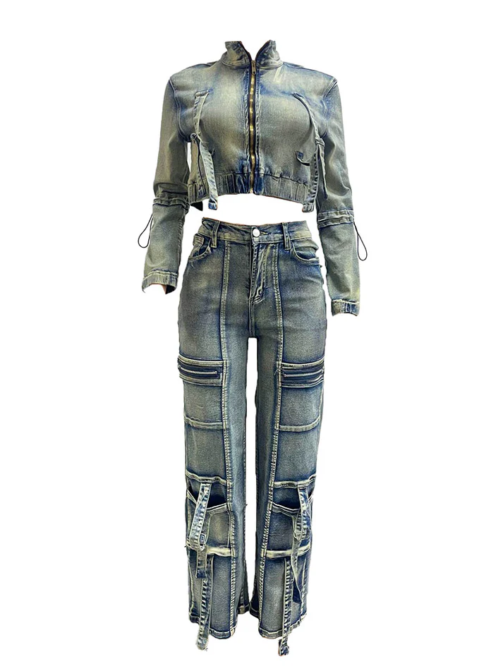 Vintage Washed Denim Cargo Sets