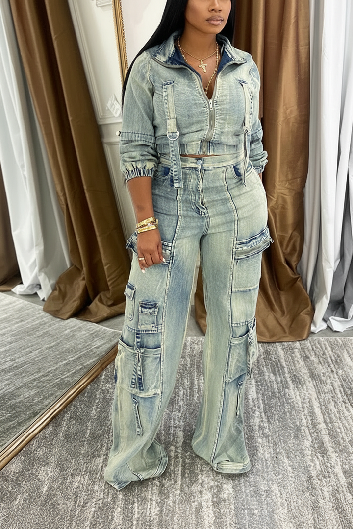 Vintage Washed Denim Cargo Sets