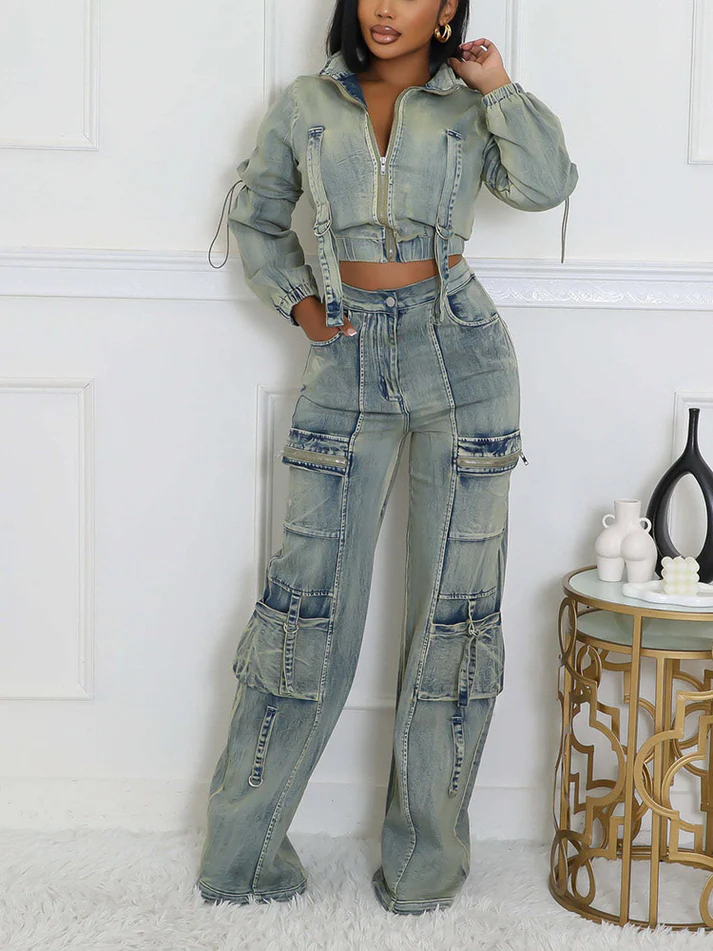 Vintage Washed Denim Cargo Sets
