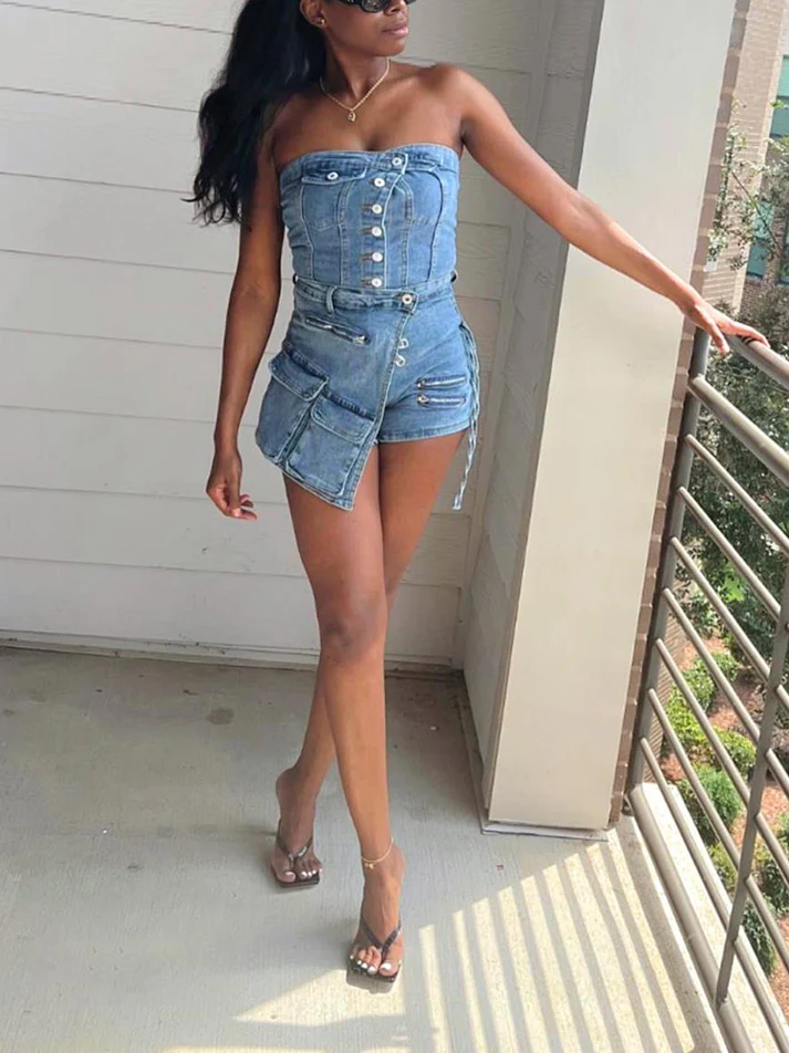 Denim Tube Top Cargo Skort Sets