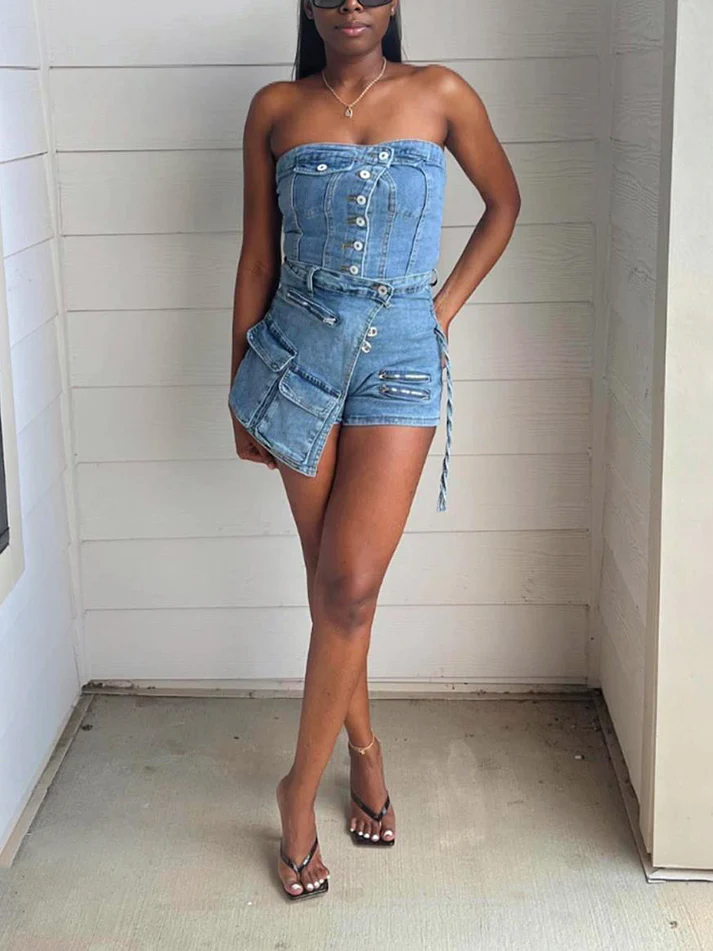 Denim Tube Top Cargo Skort Sets