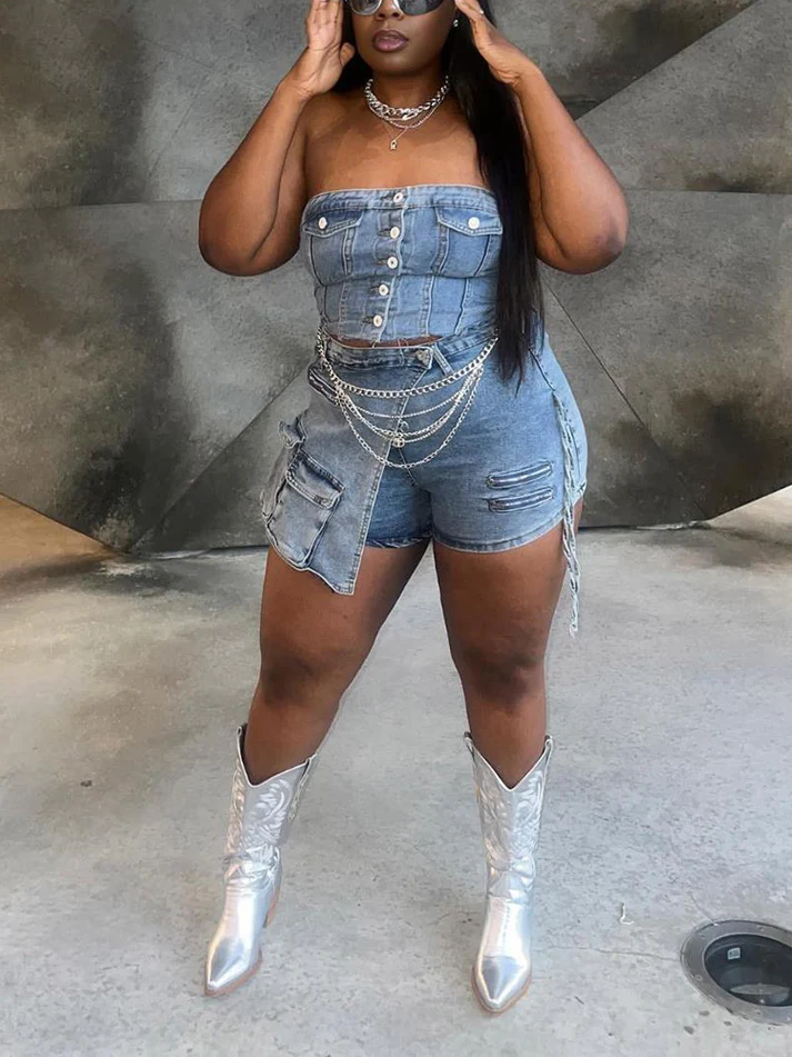 Denim Tube Top Cargo Skort Sets
