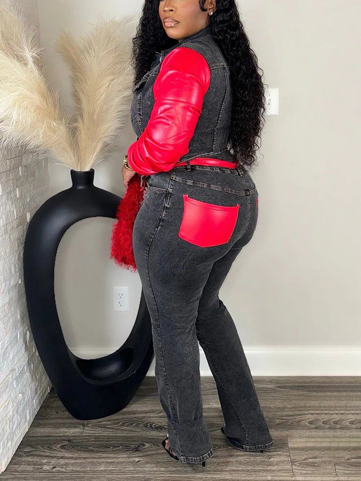 Leather Sleeve Denim Sets