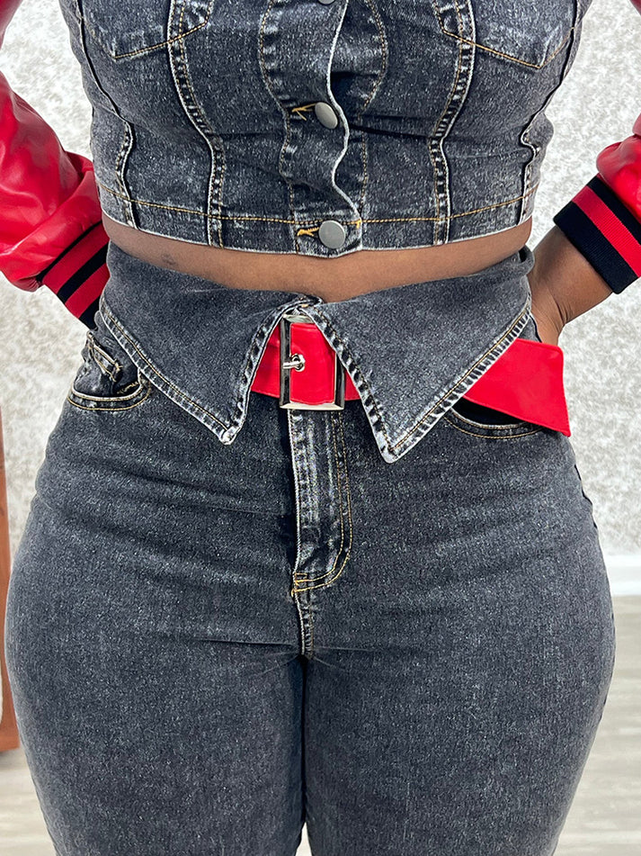 Leather Sleeve Denim Sets