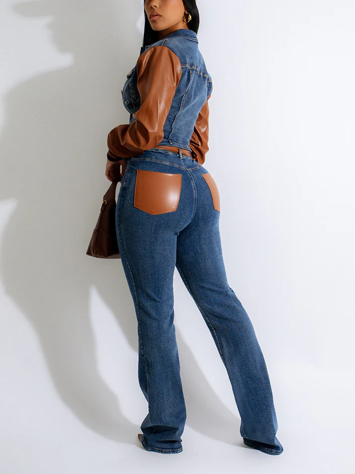 Leather Sleeve Denim Sets