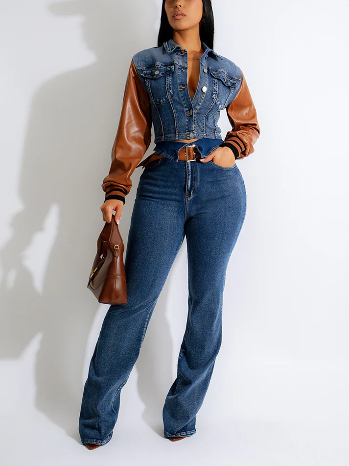 Leather Sleeve Denim Sets