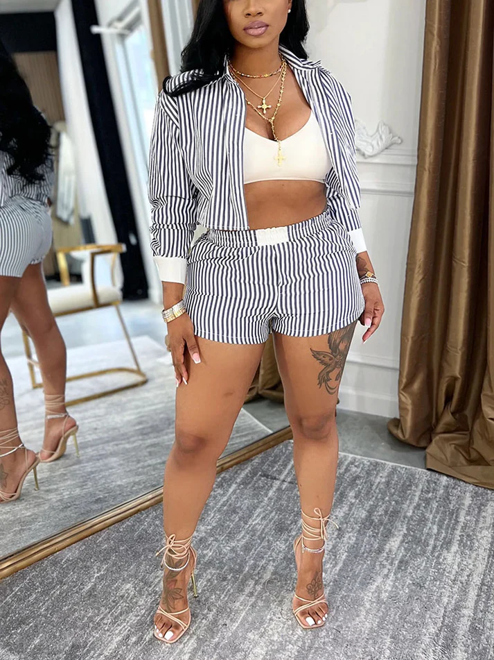 Chic Striped Cropped Shirt Shorts Sets