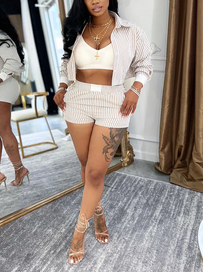 Chic Striped Cropped Shirt Shorts Sets