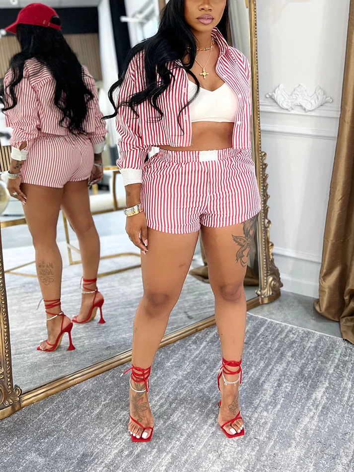 Chic Striped Cropped Shirt Shorts Sets