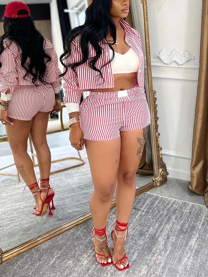 Chic Striped Cropped Shirt Shorts Sets