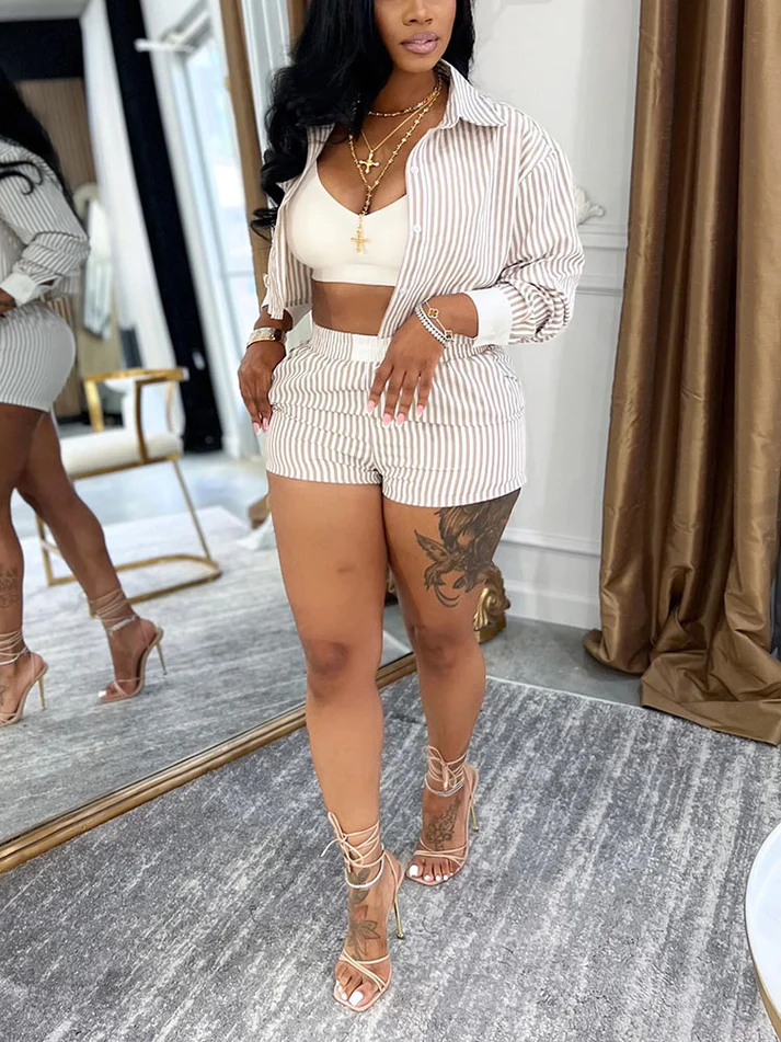 Chic Striped Cropped Shirt Shorts Sets