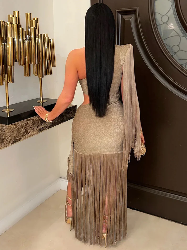 Glitter One-Shoulder Fringe Gown Dresses