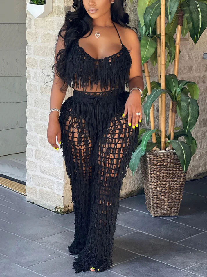 Crochet Tassels Crop Top Pants Sets