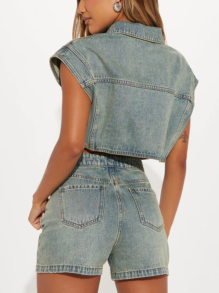 Washed Denim Button Top Shorts Sets