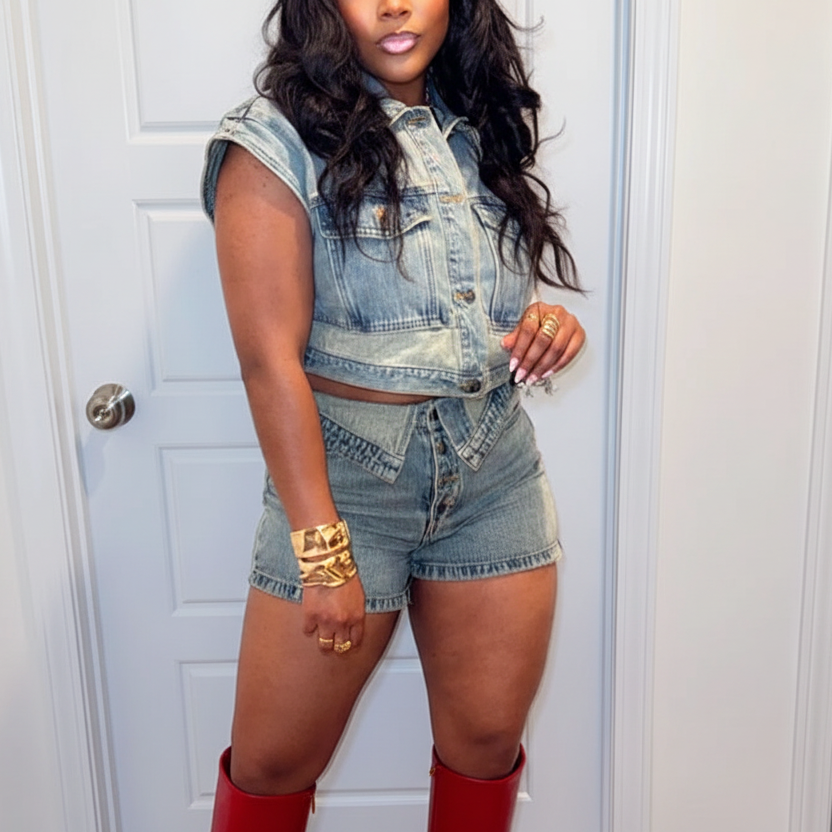 Washed Denim Button Top Shorts Sets