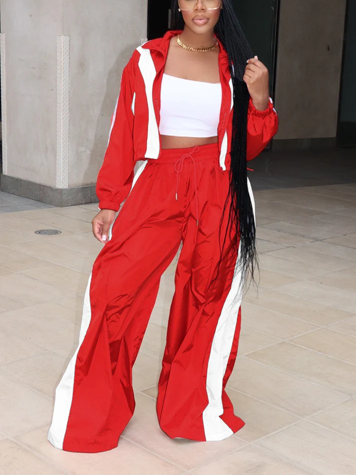 Sporty Crop Jacket Wide Pants Sets