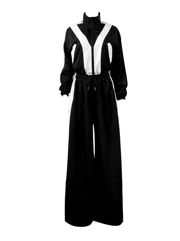 Sporty Crop Jacket Wide Pants Sets