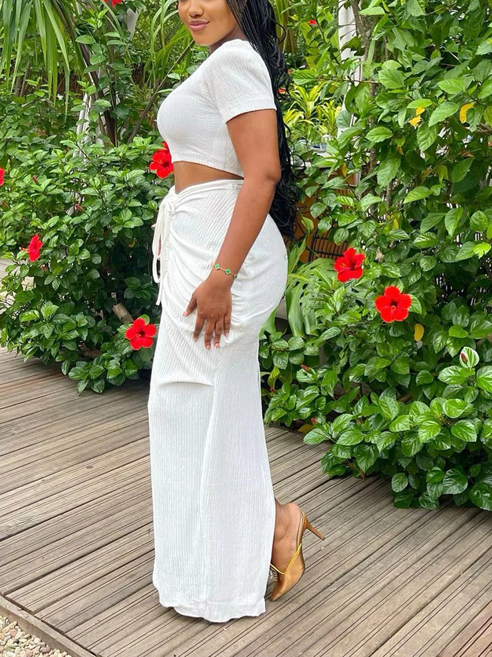 Crop Top Drawstring Skirt Sets
