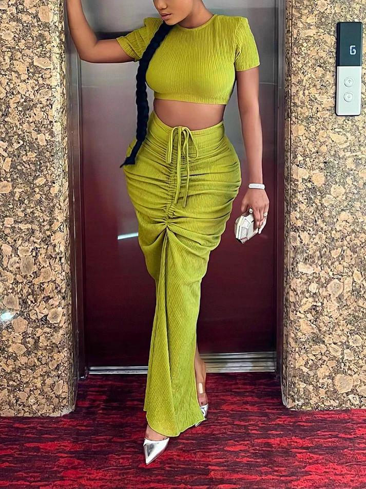 Crop Top Drawstring Skirt Sets