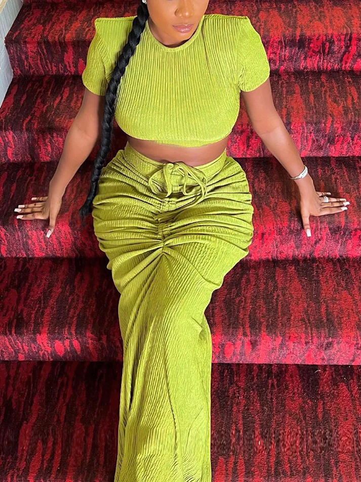 Crop Top Drawstring Skirt Sets