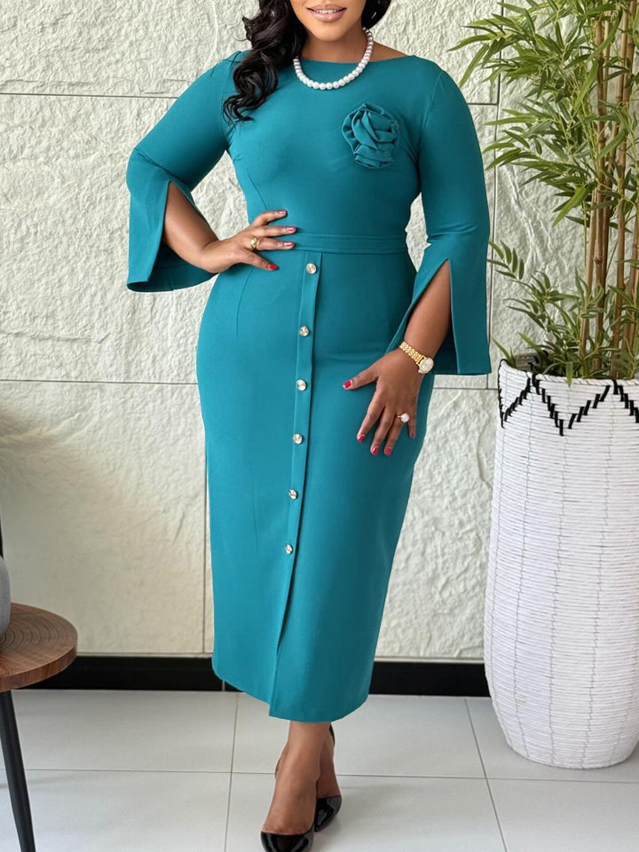 Solid-Color Crew Neck Elegant Dresses