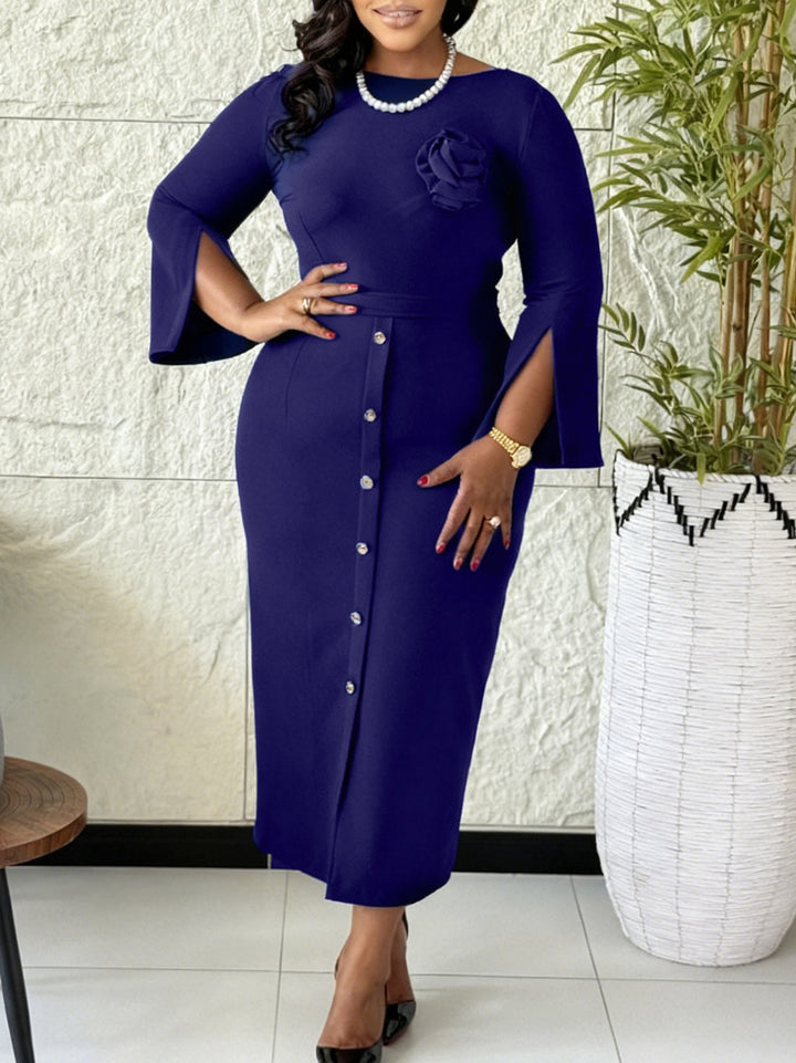 Solid-Color Crew Neck Elegant Dresses